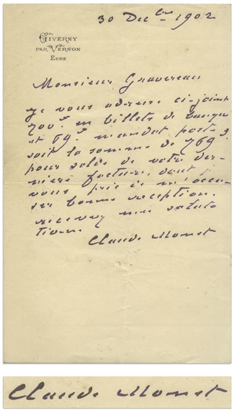 Claude Monet Autograph Letter Signed -- Monet Writes to His Wine Merchant